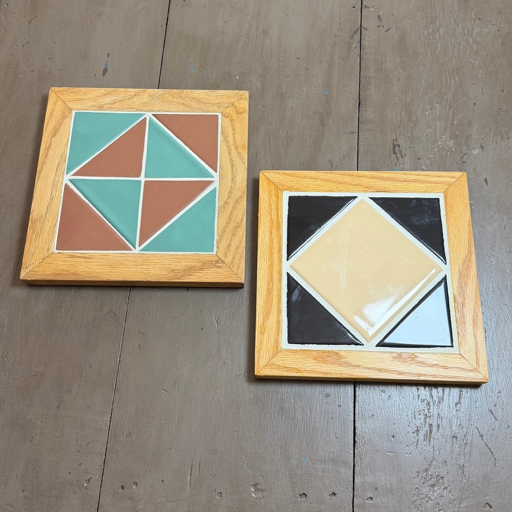 Vintage Ceramic Tile Trivets Set of 2 Wood Frame Geometric Folky Kitchen Earthy
